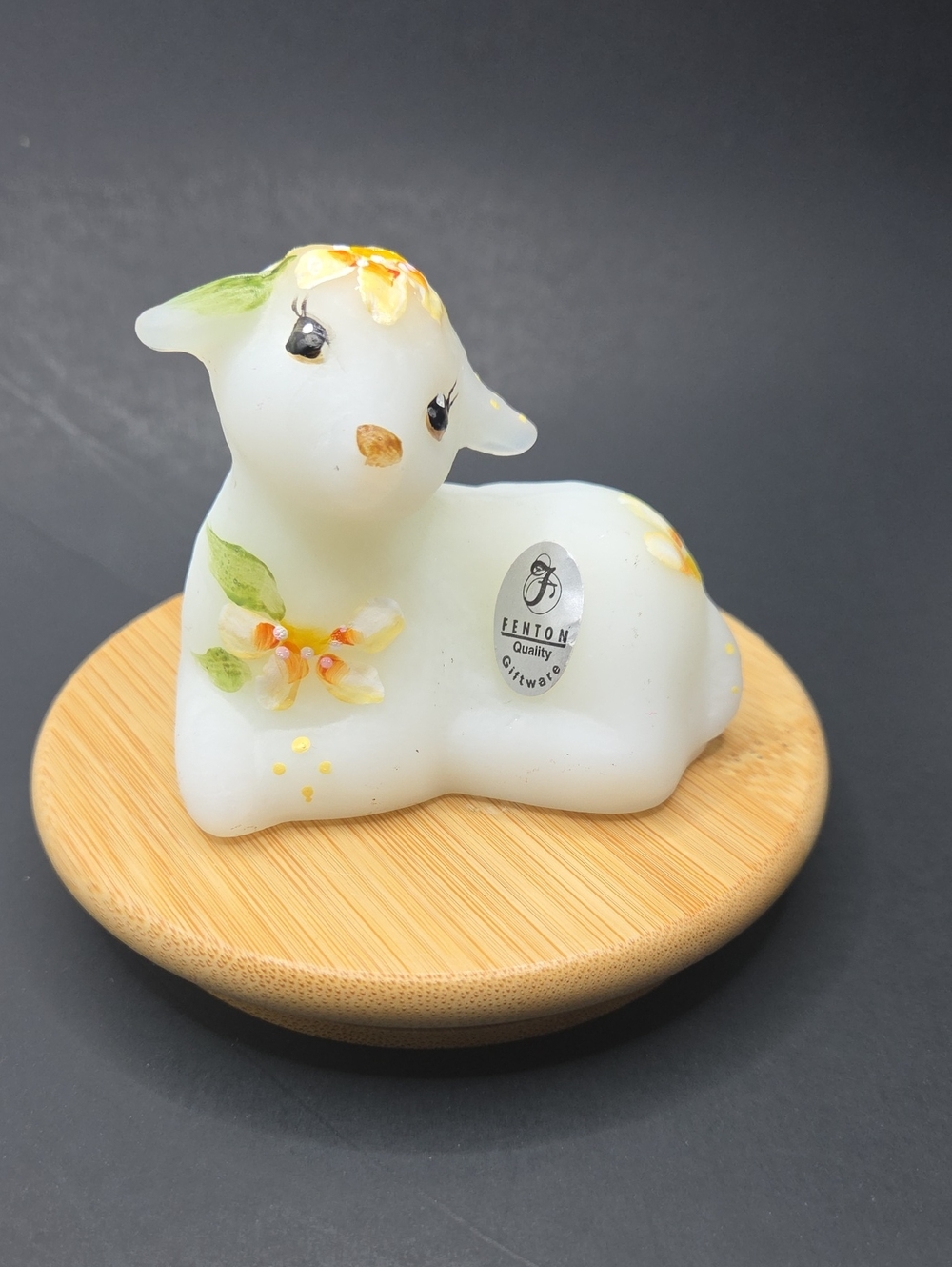 Fenton White Spring Lamb with Yellow Floral Accents. Signed